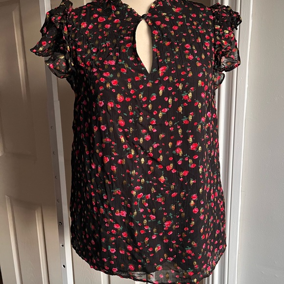 J. Crew Black and Red Ruffled Cap Sleeve floral Blouse size small - Picture 3 of 10